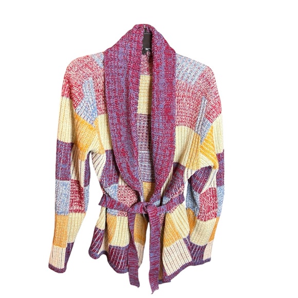 Vintage 70s Man Fare Men’s Patchwork Acrylic Cardigan Sweater Size Large - Picture 2 of 10